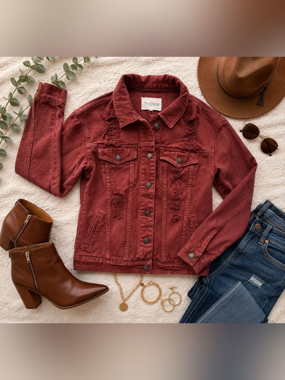 Sky and Sparrow Distressed Denim Jacket Rust Burgundy Red Cotton Size S